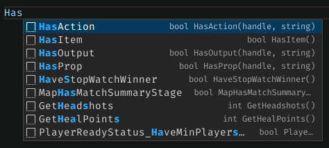 VSCode autocomplete pop-up for VScript functions.