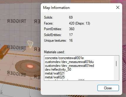 A Hammer map information panel with counts: 69 solids and 420 faces.