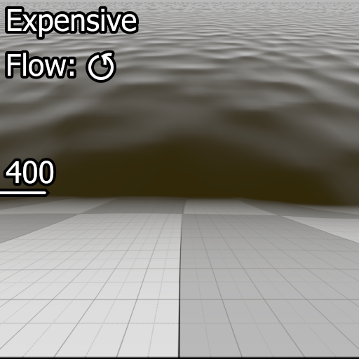 An in-game screenshot of the water with the text 'Expensive' at the top, the text 'Flow' below with an arrow that circles back into itself next to it and the number 400 below all that. The number is pointing at the fog.