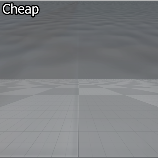 An in-game screenshot of the water with the text 'Cheap' at the top. The surface is transparent and there is no fog.