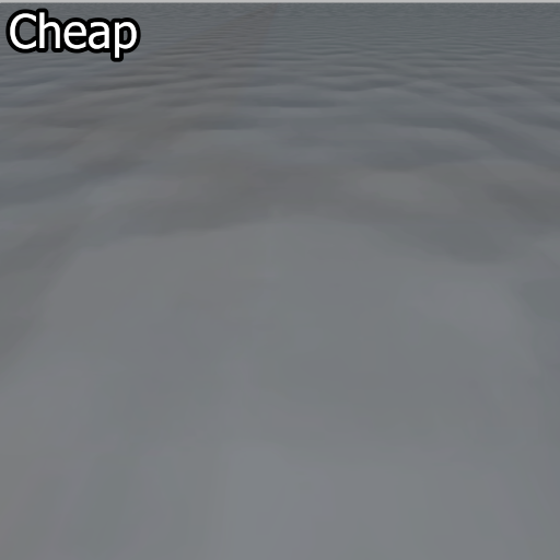 An in-game screenshot of the water with the text 'Cheap' at the top. The surface is opaque.