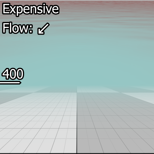 An in-game screenshot of the water with the text 'Expensive' at the top, the text 'Flow' below with an arrow pointing down and to the left next to it and the number 400 below all that. The number is pointing at the fog.